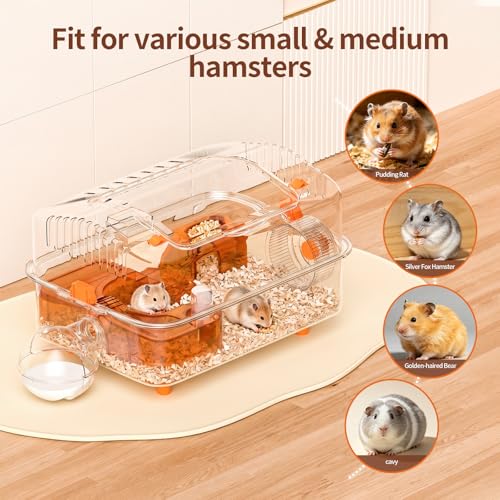 Hamster Cage with Bath, Clear PET Habitat for Dwarf Hamsters | 19.68"x14.17"x12.59", hamster enclosure with external bath area, platform, wheel and activity space for small pets - size: 19.7"L x 14.2"W x 12.6"H