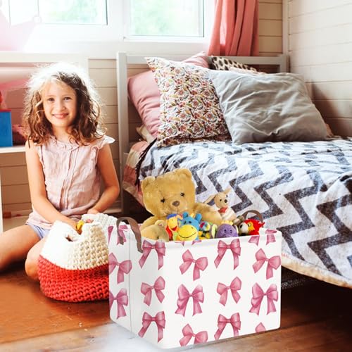 Rectangular Pink Girls basket,Delicate pink bow girls nursery laundry basket,Pink Laundry Hamper,kids waterproof collapsible canvas basket,Toy bins,Girls Room decor(Bowknots) - color: Bowknots