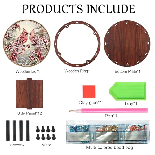 JISHSHAY Diamond Art Storage Box Cardinal Diamond Painting Wooden Snack Box Animal Gem Painting Candy Box Bird Gem Art Organizer Case Embroidery Kit Mosaic Kits for Adults Storage Containers with Lid - color: Cardinal