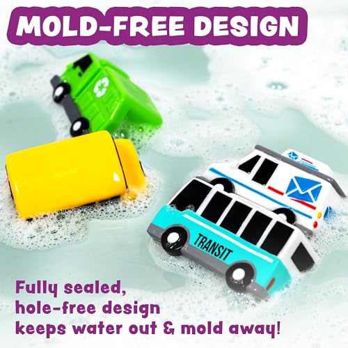 Tub Works® Vehicles™ Bath Cars Mold Free Bath Toys, 6 Pack | Sealed, No Hole Bath Toys Design Keeps Moisture Out | Soft, Squeezable & Float on Water | Fun Baby & Toddler Bath Toys | City Car Bath Toys - style: City Cars - 6pk