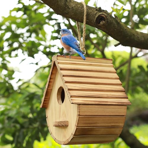 Bird House for Outside,Wood Birdhouses Outdoor, Wooden Bird House Bluebird Finch Cardinals Hanging Birdhouse for Garden Viewing