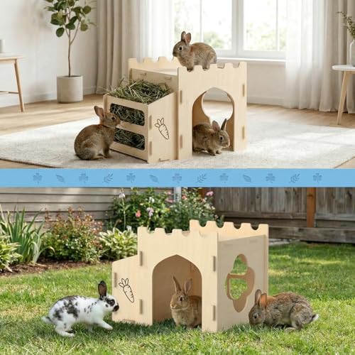 Wooden Rabbit House with Hay Feeder and Rooftop Platform | Compact indoor bunny hideout, enclosed lower room, open bottom, side hay rack and flat roof for rabbit enclosures - size: Small