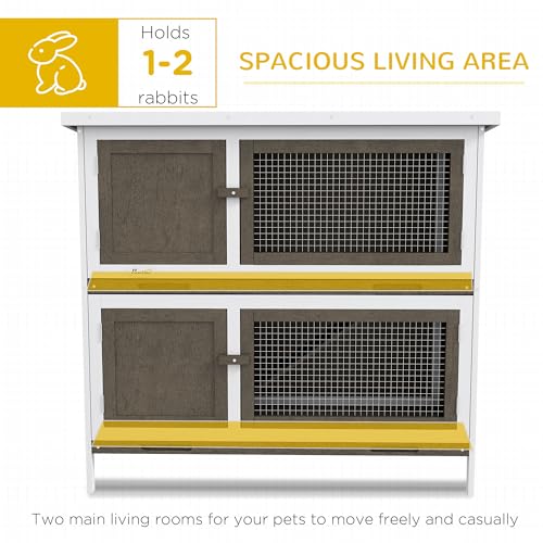 PawHut Wooden Bunny Rabbit Hutch, Small Animal Habitat with Ramp, Removable Tray & Weatherproof Roof, for Rabbits, Chickens, Ducks, Indoor/Outdoor, Brown - color: Brown