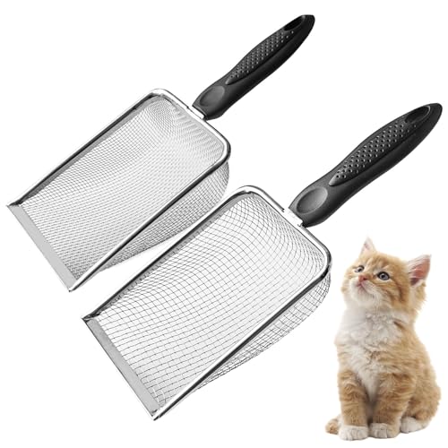 2Pcs Metal Litter Scooper Stainless Steel Metal Cat Litter Poop Scoop with 2.0mm & 3.8mm Mesh,Litter Cleaner Sifter for Cat,Dog,Kitty,Rabbit,Hamster, Reptile