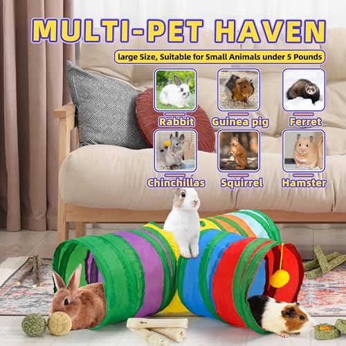 Bunny Tunnels & Tubes Collapsible 3 Way Rabbit Hideout with 13pcs Toys for Bunny Guinea Pig Hamster Chinchilla Hedgehog Rat Ferret Kitten (Colorful) - color: Colorful