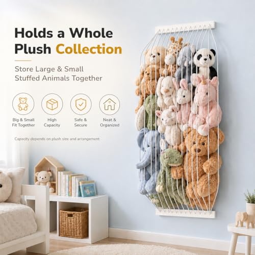 Stuffed Animal Storage Wood Soft Toy Storage for Kids Room，Wall Mount Door Hanging Stuffed Animal Toy Organizer Shelf for Nursery Play Room White -Patent - color: white Board+white Rope