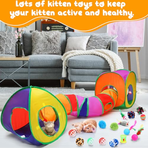 21 Pcs Cat Tunnels for Indoor Set, 3 In1 Collapsible Cat Tunnel Toy with Cube Tent Toys Combo and 20 Pcs Interactive Kitty Toys Feather Toy Fluffy Mouse Crinkle Balls for Kitten Puppy