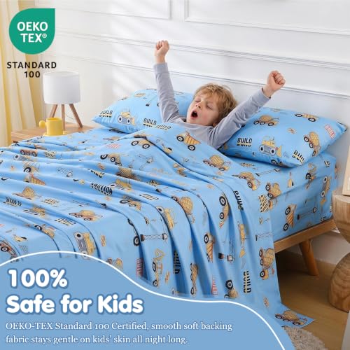 Blue Construction Car Excavator Kids Full Sheets Set for Boys,4 Pieces | 15 inch Deep Pocket Fitted Sheet and Pillowcase Set,Soft Breathable Microfiber Bed Sheet for Kids Room - color: Construction Vehicle, size: Full