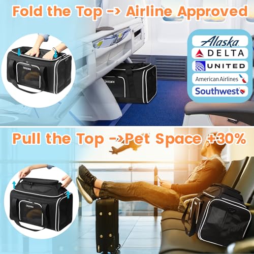 Top-Expandable Small Pet Carrier 17"x11"x9.5" Airline Approved | for Alaska Airlines, Lockable Safety Zippers and Anti-Scratch Mesh, Soft-Sided, Pets Under 10 Lbs, Black - color: Black, size: 17.0"L x 11.0"W x 9.5"H