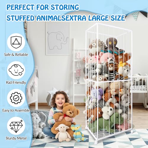 Stuffed Animal Storage, Metal Tube Extra Large Toy Storage Organizer with Brake Wheels, Stuffed Animal Holder Zoo Organizer for Nursery Playroom Kids Room White(61” x 23.6”x 16.5”) - color: White