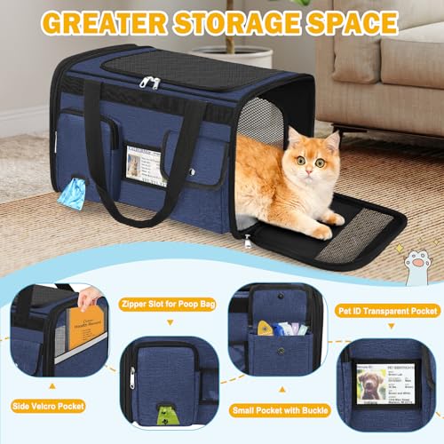 HUANLANG Large Cat Carrier Soft Sided Travel Pet Carrier Airline Approved | Dog Carriers for Small Dogs Medium Cats,Collapsible,3 Storage,zipper lock,Reflective strips,Luggage Strap, Up to 15 Lbs - color: Navy Blue