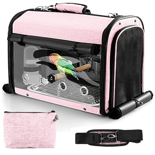 Sanmoncare Bird Carrier Bag Cockatiel Travel Cage with Stand, Lightweight Carrier for Small Bird, Portable Bag for Parrot, Pet Transparent Travel Backpack - color: Pink