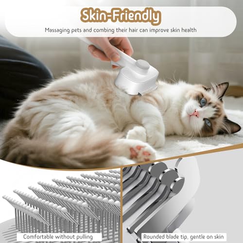 Dog & Cat Brush for Shedding, 2-in-1 Self Cleaning Deshedding Brush | Adjustable Bristle Length with Dematting Comb Skin Friendly Fur Shedding Removal Tool for Long Medium Long Hair Pets (Grey) - color: Gray