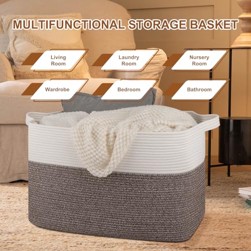 OIASKET 108L Cotton Rope Storage Basket for Living Room and Bedroom 25"x16"x16" Woven Laundry Basket, Heavy Duty Bin for Blankets, Pillows & Toys, Pet-Safe & Scratch-Free, Dark Brown and White - color: Dark Brown & White
