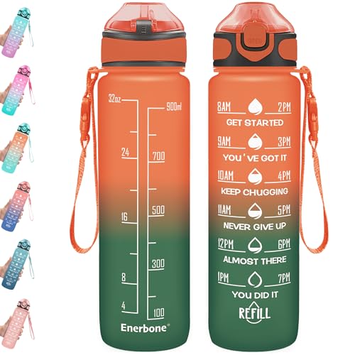Enerbone 32 oz Drinking Water Bottle with Times to Drink and Straw, Motivational with Carrying Strap, Leakproof BPA & Toxic Free, Ensure You Drink Enough Water for Fitness Gym Outdoor - color: Dawn Fields