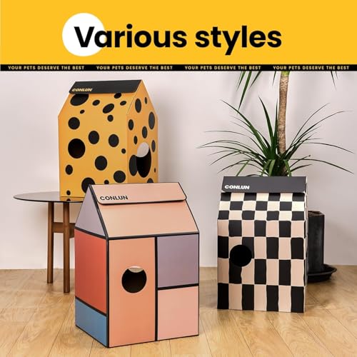 Conlun Cardboard Cat House with Scratch Pad & Catnip, Cat Play Scratching House for Indoor Hideaway Furniture, Heavy Duty Sturdy Cardboard Scratcher, Easy to Assemble Birthday Gift, Medium | 2-in-1 cozy cave, heavy-duty recycled cardboard | traps messy cr