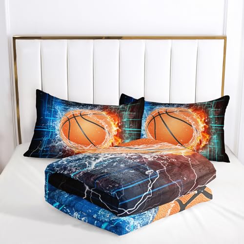 Nttopship Basketball Comforter Sets King Size， Bedding Sets for Kids,Flame and Basketball Comforter Sets All Season 1 Comforter and 2 Pillowcases - color: Basketball, size: King