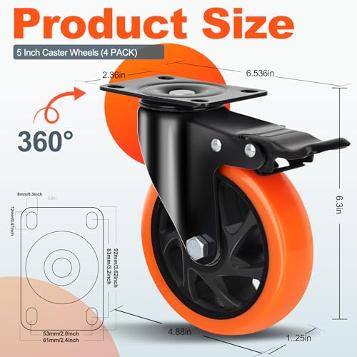 QNCZ 5 Inch Heavy Duty Caster Wheel with Dual Brake,Silent,Orange,Set of 4 | Easy to Install, Efficient operation, convenient braking,Silent, Floor friendly,Widely Applied for Cart,Furniture,Workbench - color: Orange, size: 5 IN