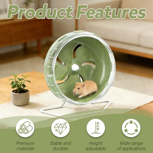 8.4" Height-Adjustable Silent Hamster Wheel Stand, Quiet Hamster Exercise Wheels, Chinchilla Running Spinner Cage Accessories for Gerbil Guinea Pig Mouse Sugar Glider (Green)
