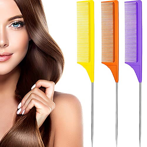 Leinuosen 3 Pack Rat Tail Comb Carbon Fiber,Purple, Orange, Yellow | Steel Pin Tail for Sectioning, Heat Resistant Teasing, Pick Comb for Women Wig Styling, Fishtail Design for Salon Updos - color: Purple, Orange, Yellow