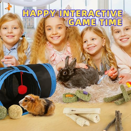 Bunny Tunnels & Tubes Collapsible 3 Way Rabbit Hideout with 13pcs Toys for Bunny Guinea Pig Hamster Chinchilla Hedgehog Rat Ferret Kitten (BK&BU) - color: BK&BU
