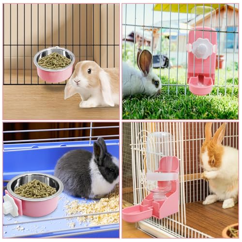 kathson Rabbit Suspended Feeder Dispenser Hanging Water Fountain Automatic Bottle,Crate Bowl Removable Plastic Stainless Steel Pet Cage Coop Cup with Bolt Holder Set for Bunny Cat Dog and Other Animal