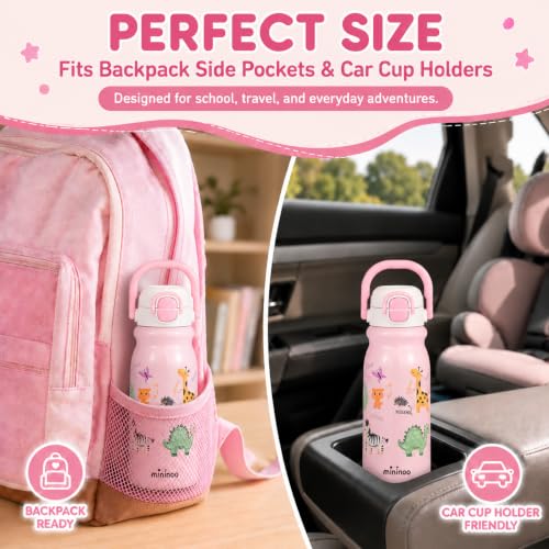 18oz Insulated Stainless Steel Kids Water Bottle for School, Animal | 2-in-1 Straw & Spout Lid, Leak-Proof, BPA-Free, for Girls & Boys, Pink - color: 18oz Light Pink-Animal