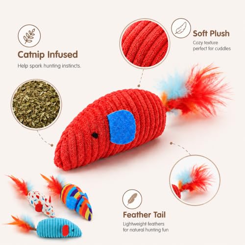 4 Pack Interactive Cat Toys, Catnip Mice with Feather Tails | Premium canvas & corduroy textures, ideal for indoor kittens or bored adults, promotes enrichment & teething chew relief