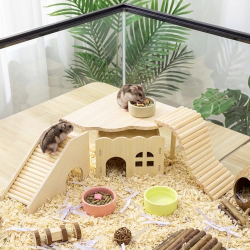 BreezeHug 4 Pcs Hamster Cage Accessories Hamster Platform Hideout Wooden Tunnel Ladder Playhouse Game Climbing Toy with Platform for Pets Dwarf Syrian Mice Degus Gerbils Squirrel(Wave) - style: Wave