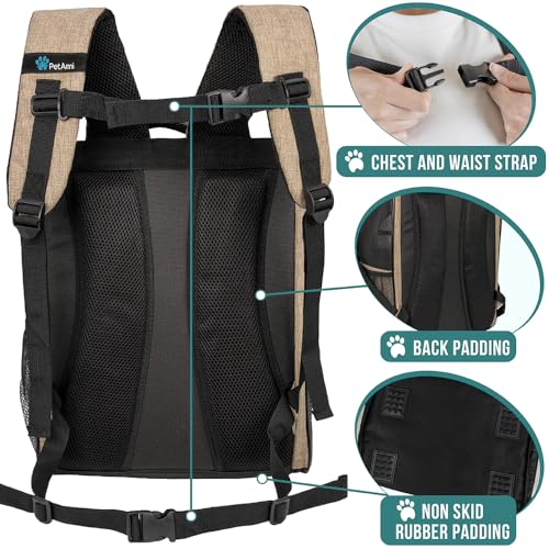 PetAmi Dog Backpack Carrier Airline Approved Cat Pet Puppy Bag, Taupe | Ideal for Small Medium Large Pet up to 18 lb, 2 Side Entry Structured No-Collapse Frame, Ventilated Bookbag for Hiking Travel - color: Heather Taupe