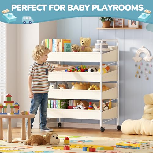 Kids Toy Storage Organizer with 4 Shelves & Wheels for Playroom | White, Large Size, Steel Frame & Oxford Fabric, Rolling Casters with 2 Locks, Safe Rounded Edges, Easy Assembly - size: 3X-Large-Large