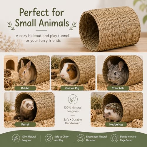 PEMAR Natural Seagrass Bunny Tunnel - Handwoven Rabbit Hideaway & Edible Grass House - Safe Chew Toy, Bed for Guinea Pigs, Chinchillas, Rats & Indoor Bunnies - Small Animal Enrichment (9x8.3x6.3”)