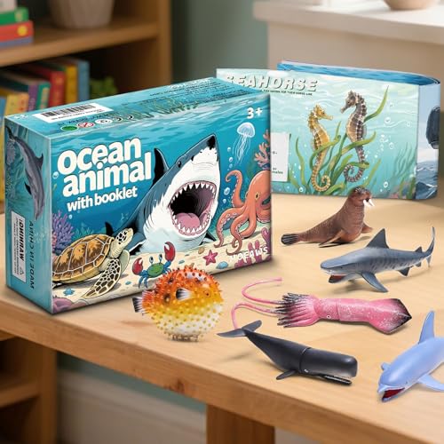 MOEAWS 20 Pcs Ocean Animal Toys withBooklet, Mini Sea Creature Figures | Plastic Sea Animal for Kids Age 3+, Birthday Gift, Ocean Theme Party Favor, Water Bath Toy for Toddler