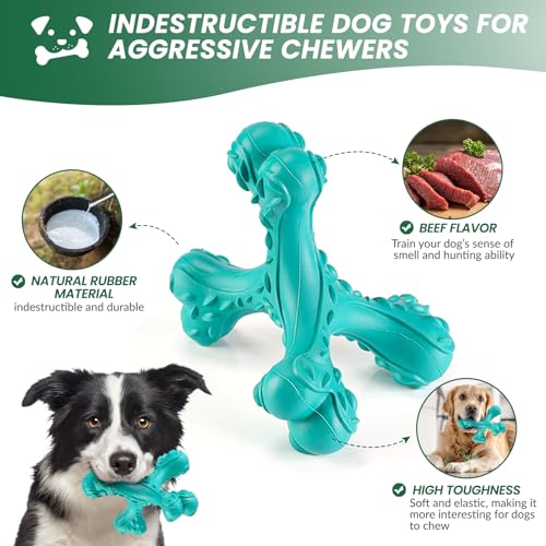 Dog Chew Toys for Aggressive Chewers Large Breed,Indestructible Bones Toy，Durable Cleaning Toothbrush Natural Rubber Dog Toys… (Blue) - color: Blue
