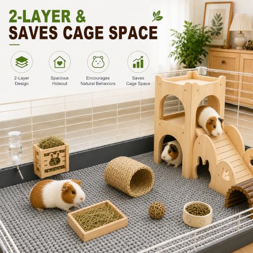 Large Bunny Hideout Wooden Bunny House with Ramp Rabbit Castle(Set of 2) | solid wood guinea pig hideout chinchilla house with detachable panels,rabbit hide with ramp hideaways and climbing areas - style: Set of 2