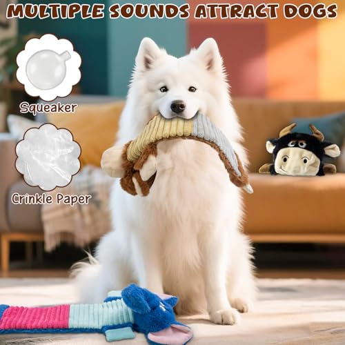 No Stuffing 3 Pack Dog Squeaky Toys, Chew with Crinkle to Large Puppy | Interactive to Keep Pets Busy, Durable Plush Pet Teething Toys, Toss, Fetch, Tug of war Play, Best Birthday Holiday Gift - color: Blue,balck,khaki