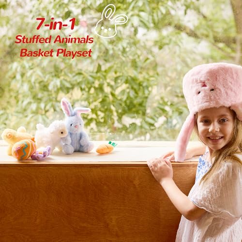 Vposyako 7 Piece Easter Basket Eggs Playset Stuffed Rabbit Chick Lamb Toy Set for Kids Girls Boys Ages 3+ Easter Bunny Basket Plush Sensory Toys Soft Plush Toy for Easter Party Favors - style: Pink Easter Basket
