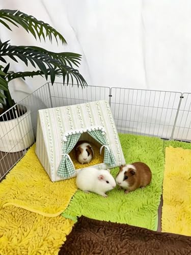 Guinea Pig Bunny Hideout with Cute Curtain,Small Animal Hideout for Rabbit Hamsters Squirrel Ferrets Chinchilla and Rats,Machine Washable Guinea Pig Hide Tent Houses(Large,No Mat)