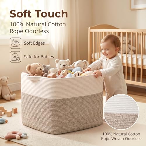 OIASKET 108L Cotton Rope Storage Basket for Living Room and Bedroom 25"x16"x16" Woven Laundry Basket, Heavy Duty Bin for Blankets, Pillows & Toys, Pet-Safe & Scratch-Free, Brown and White - color: Brown & White