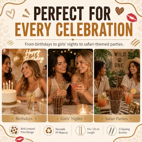 50 Pcs Reusable Leopard Print Straws Bulk, Cheetah Print Plastic Drinking Straws with 2 Cleaning Brushes for Animal Print Party Favors Safari Birthday Party Supplies