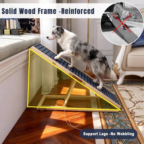 Adjustable Wooden Dog Ramp for Small & Medium Dogs, 39.4" Long x 15.8" Wide Portable Pet Ramp for Bed, Couch, Sofa & Car, Anti-Slip Carpet, Lightweight Foldable Indoor Outdoor Travel Dog Ramp - size: 39.4" L x 15.8" W