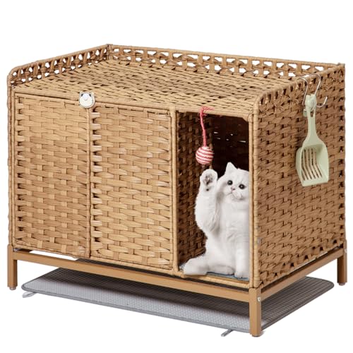 SETVSON Litter Box Enclosure Furniture with Divider, Cat Cabinet, Natural | Handwoven PE Rattan with Soft Litter Mat, 3.54-In Heightened Metal Feet, 2 S-Hooks, 31.2 x 19.6 x 24.2 In Spacious - color: Natural