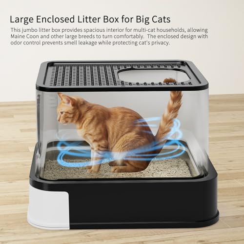 RIZZARI Stainless Steel Litter Box: Enclosed Pull-Out Drawer Top Exit | Removable Sifter Tray / High Leak-Proof Walls / One-Way Bottom Entry / Smooth Non-Stick Surface / Spacious for Multi-Cats - color: Black