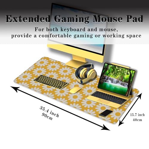 Computer Desk Mat Yellow Desk Mats, Large Gaming Mouse Pads Keyboard Mouse Pad, Mouse Mat Non-Slip Rubber Base Waterproof with Stitched Edges, 35.4 X 15.7 inch for Work/Game/Office/Home - color: Yellow Flowers
