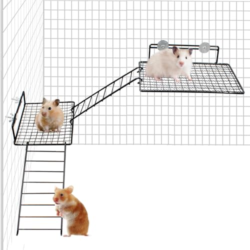 4 PCS Hamster Climbing Platform with Ladder, 2-Tier Stainless Steel Small Animal Playground Climbing Toy for Dwarf Hamster Sugar Glider Mouse Rat Gerbil Guinea Pig Chinchilla Parrot