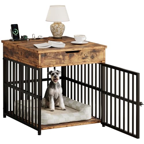 IRONCK Dog Crate Furniture for Small Dogs, Rustic Brown | Wooden Dog Kennel with Flip Top Drawer, Indoor Pet Crate End Table with Charging Station, Steel-Tube Dog Cage - color: Rustic Brown