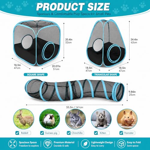 Rabbit Playpen with Tunnel, Bunny Tunnel Tent for Indoor Rabbits | 3-Piece Tent and Tunnel Set, Breathable Mesh, Pop-Open Setup, 50.4 x 9.8 in Tube, Indoor Outdoor Use, Rabbits and Ferrets