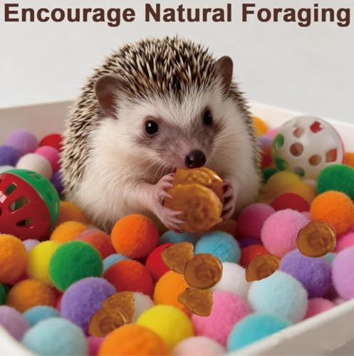 Hedgehog Dig Box Enrichment Cage Accessories, Funny Dig Box Toys, Interactive Foraging Tray with Laundry Bag, 3 Bell Balls & 100 Colorful Pom Poms, for Hedgehogs, Hamsters, Ferrets, Kittens
