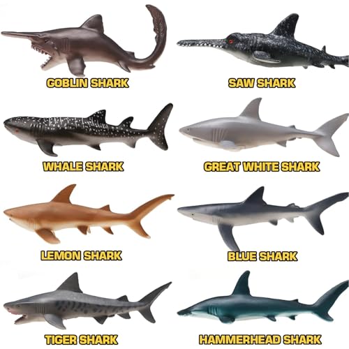 8 Pack Shark Toys with Booklet, Realistic Shark Figurines | Soft plastic ocean animal figures with booklet for under sea play, party decorations, cake toppers, bath play, and gifts