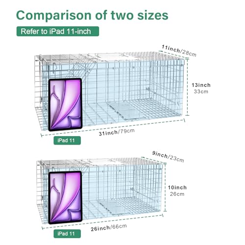 Humane Live Animal Trap Cage 26" × 9" × 10",Heavy-Duty Live Catch Cage for Raccoon, Squirrel, Stray Cats, Groundhogs, Armadillos, Opossums, Rabbits, Skunk, Mole, Small Wildlife Control - size: 26"×9"×10"